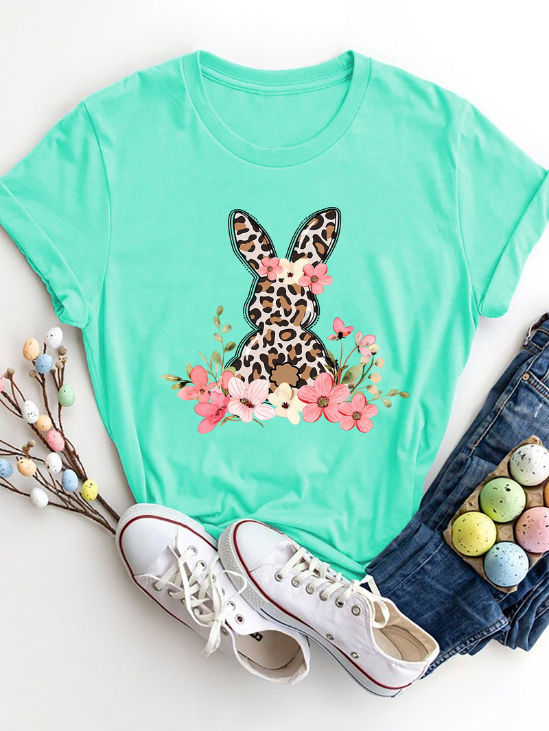 Rabbit Round Neck Short Sleeve T-Shirt Aqua