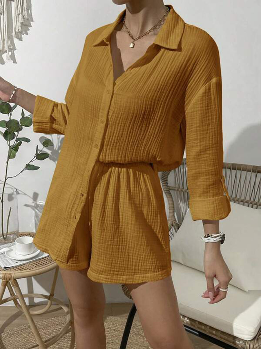 Dropped Shoulder Button Up Top and Elastic Waist Shorts Set Chartreuse