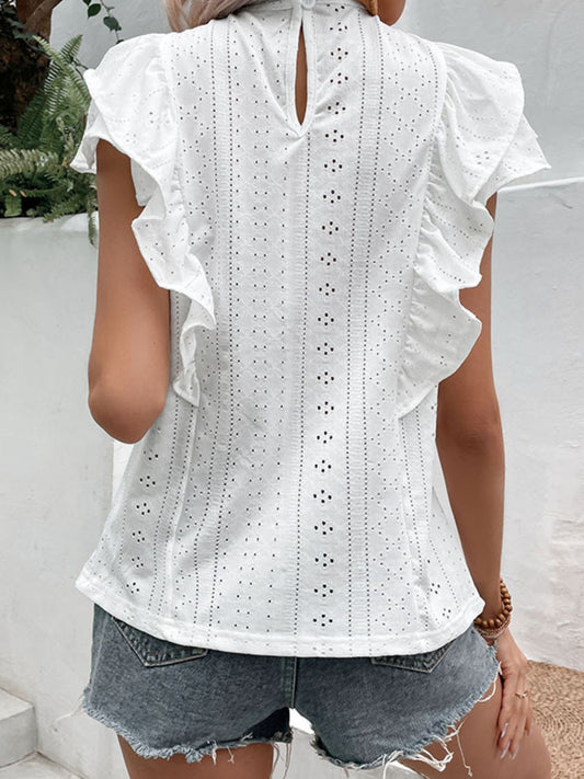 Perfee Eyelet Butterfly Sleeve Round Neck Blouse