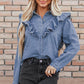 Ruffled Round Neck Long Sleeve Denim Top