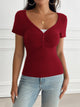 Devine Decorative Button Short Sleeve T-Shirt Burgundy