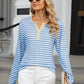 Striped Notched Long Sleeve T-Shirt