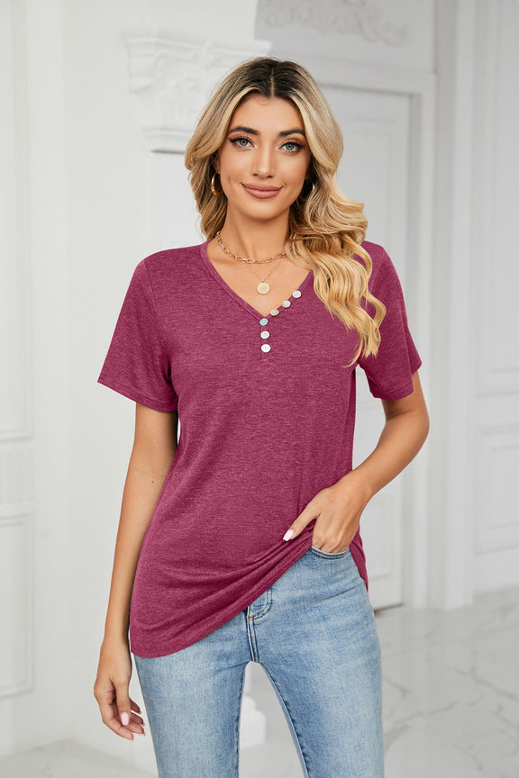 Decorative Button V-Neck T-Shirt Cerise