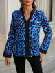 Leopard Notched Long Sleeve Blouse Royal Blue
