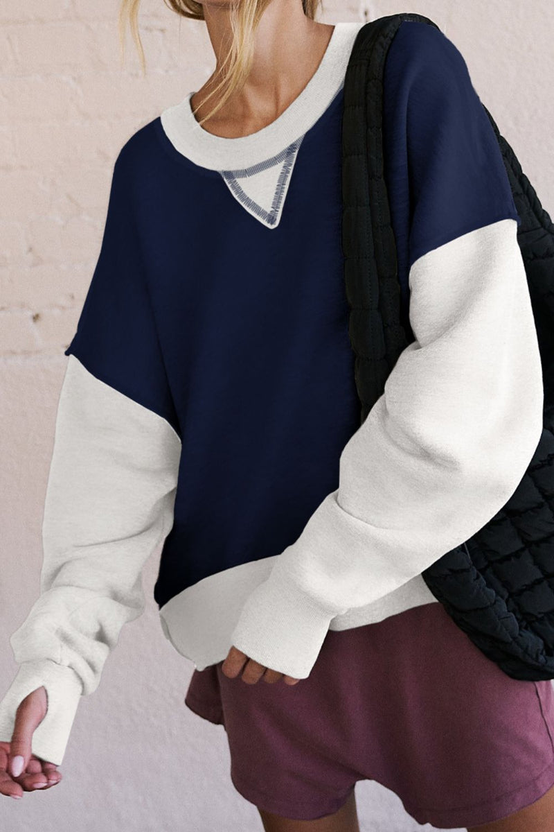 Contrast Round Neck Long Sleeve Sweatshirt Black