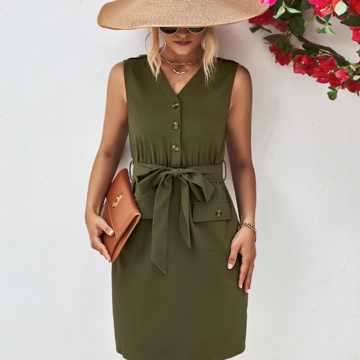 Buttoned V-Neck Belted Sleeveless Dress Army Green