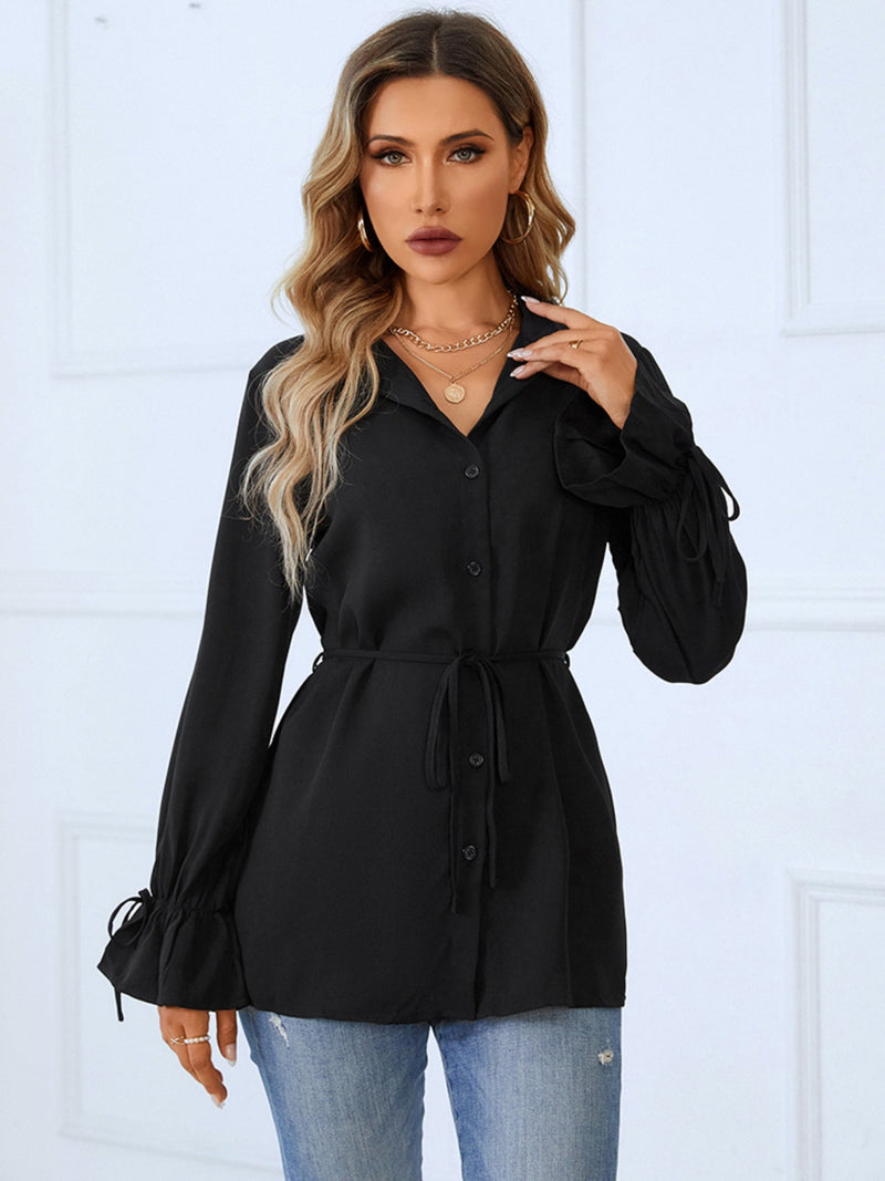 Button Up Tied Flounce Sleeve Shirt