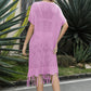 V-Neck Short Sleeve Fringe Hem Knit Dress