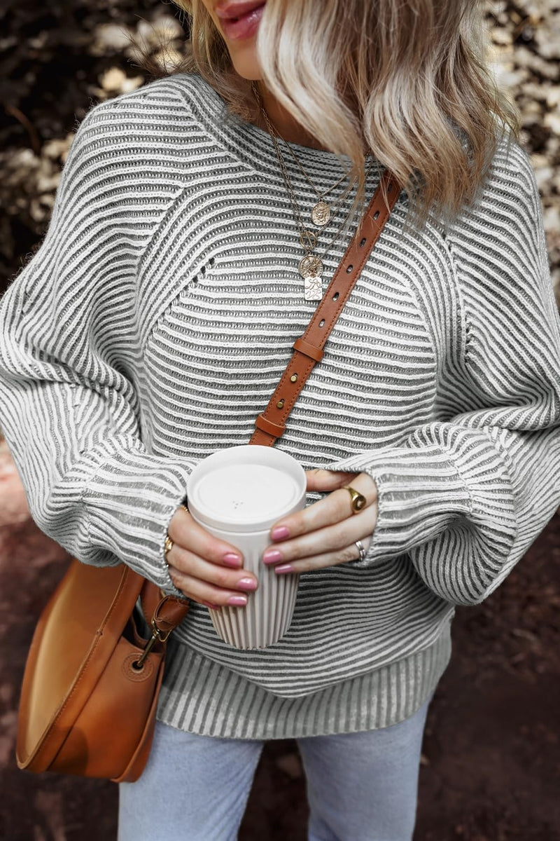 Textured Striped Round Neck Long Sleeve Top Gray