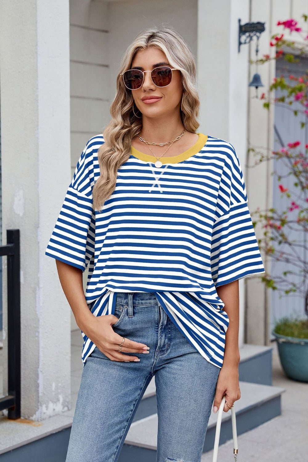 Contrast Striped Round Neck Half Sleeve T-Shirt Blue White
