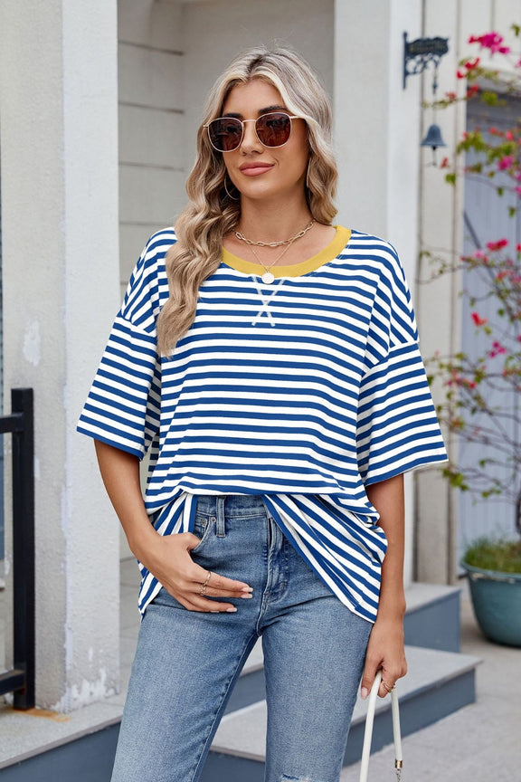 Contrast Striped Round Neck Half Sleeve T-Shirt Blue White