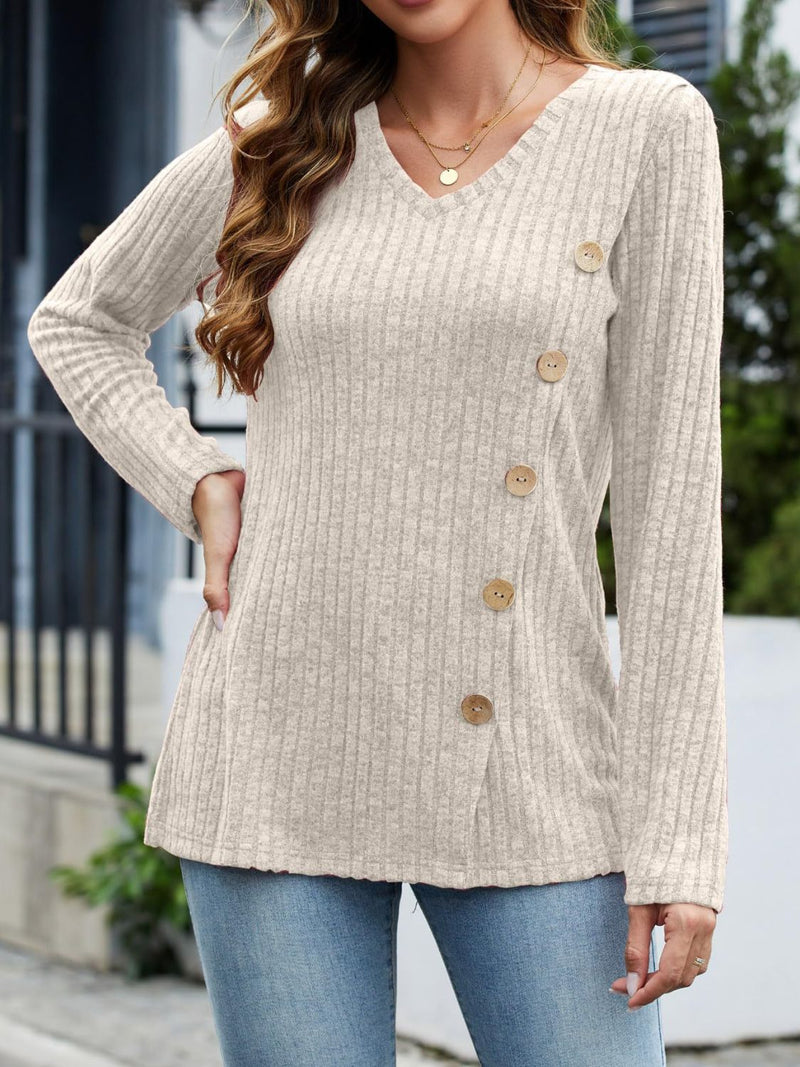 V-Neck Long Sleeve T-Shirt Beige