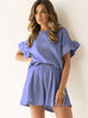 Ruffled Round Neck Top and Shorts Set Blue Purple