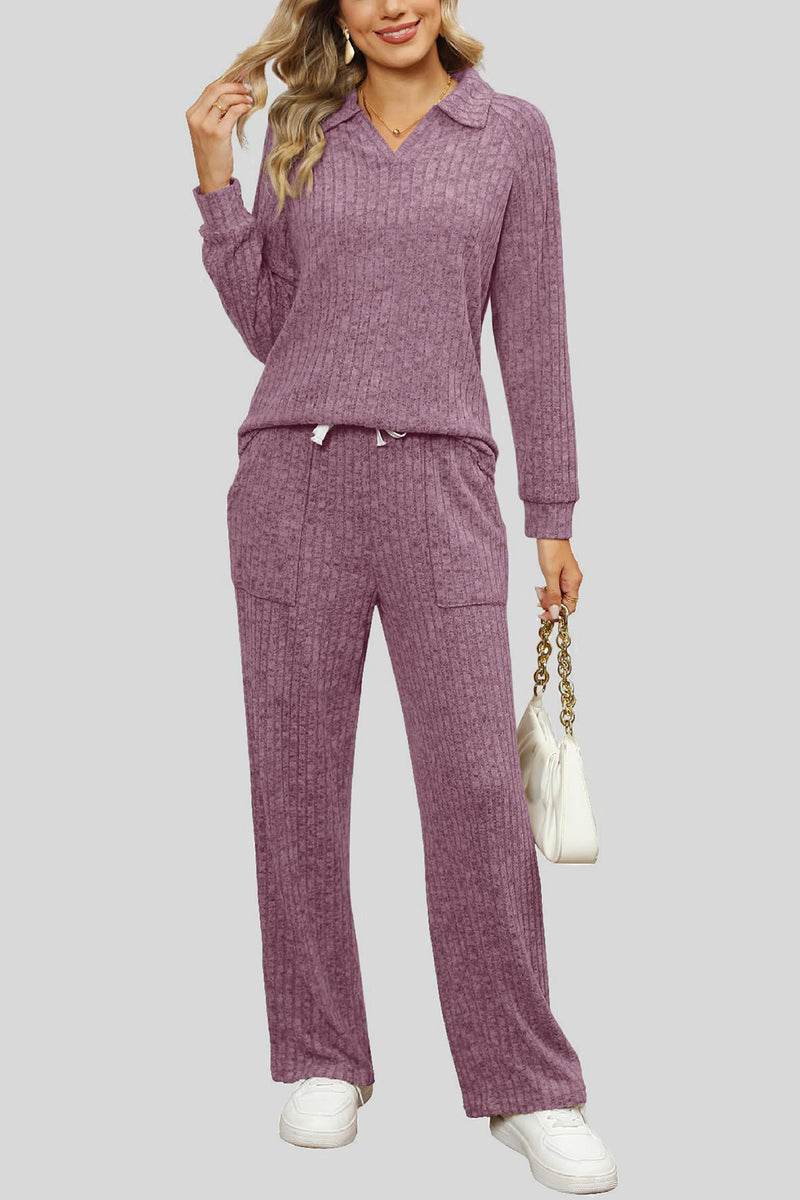 Ribbed Long Sleeve Top and Pocketed Pants Set Mauve