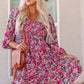 Floral Smocked V-Neck Flounce Sleeve Dress