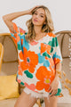 BiBi Floral V Neck Slit Side T-Shirt Cream Orange Blue