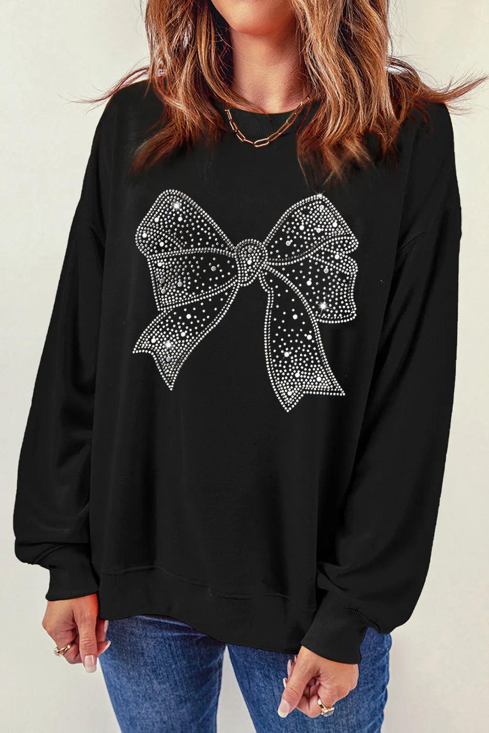 Rhinestone Bow Round Neck Long Sleeve Sweatshirt Black