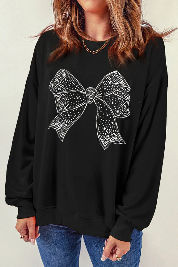 Rhinestone Bow Round Neck Long Sleeve Sweatshirt Black