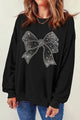 Rhinestone Bow Round Neck Long Sleeve Sweatshirt Black