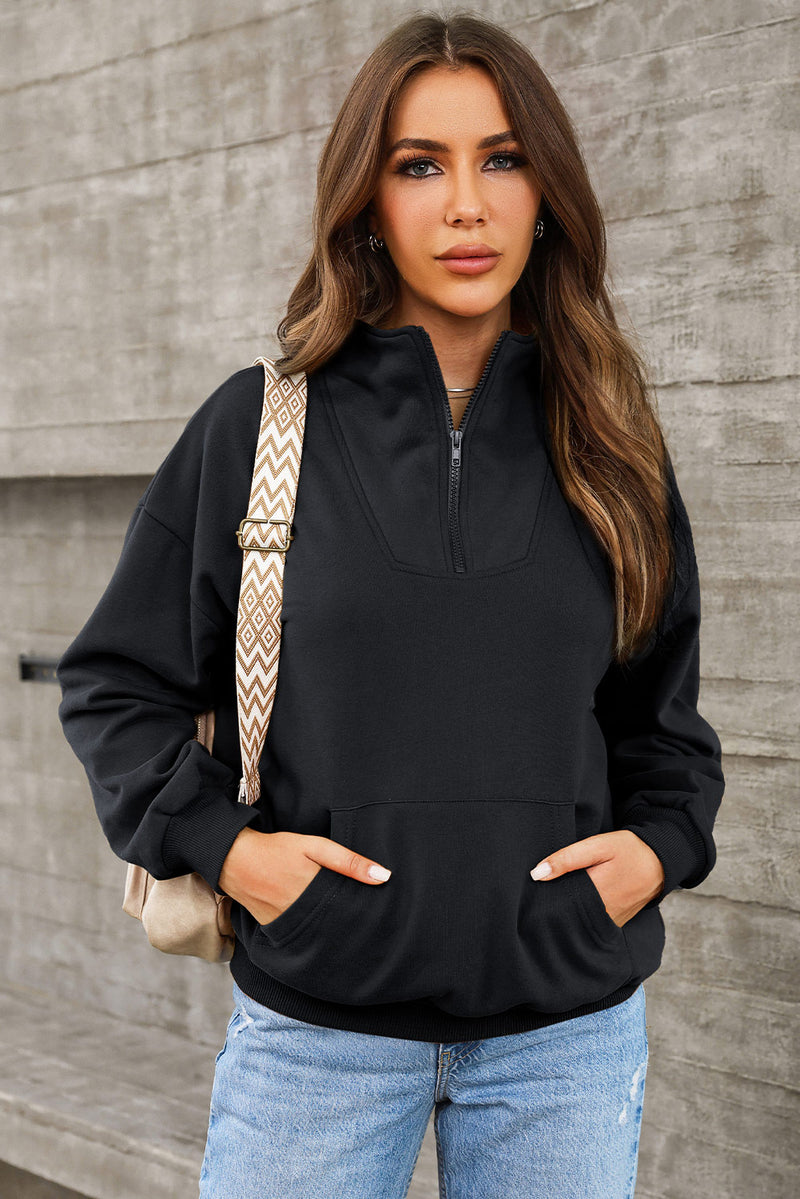Half Zip Drop Shoulder Sweatshirt and Pocket Black