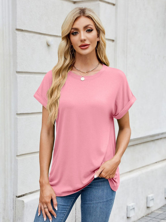 Florira Round Neck Short Sleeve T-Shirt Pink