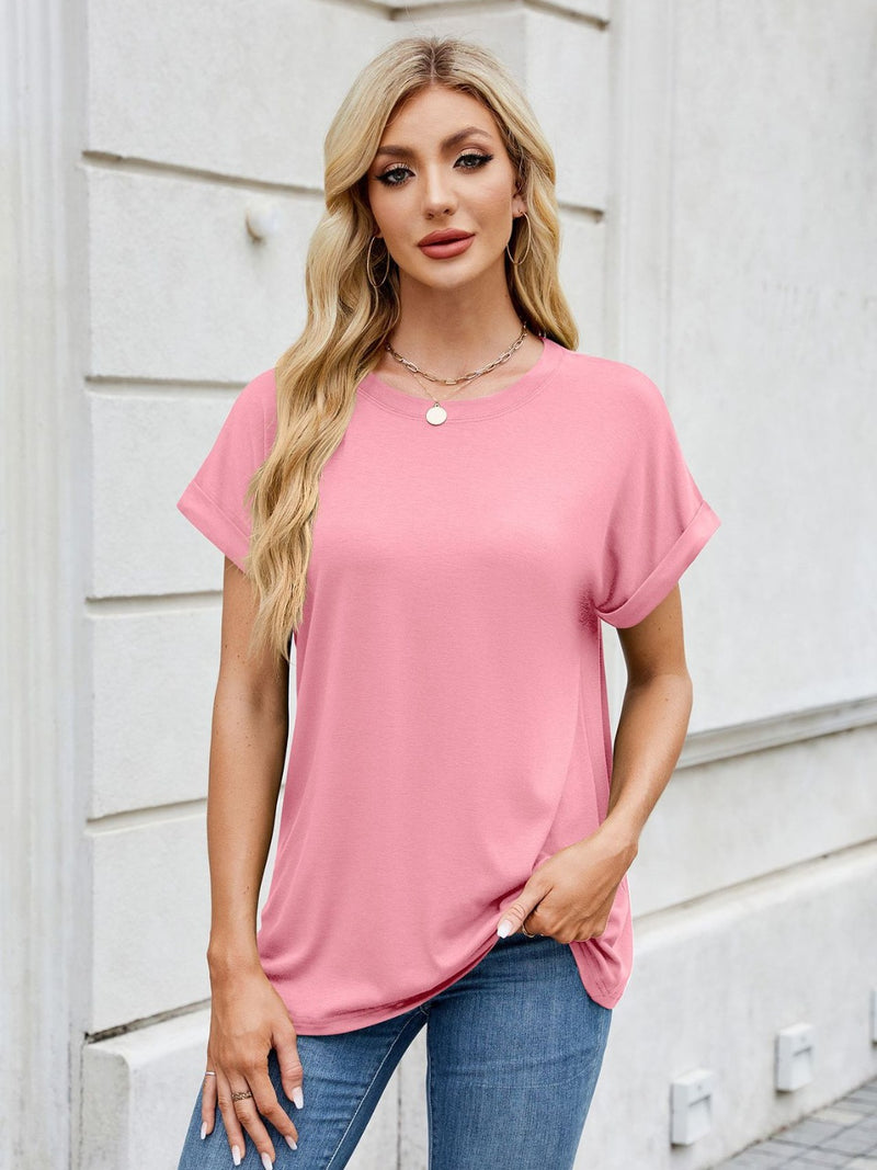 Florira Round Neck Short Sleeve T-Shirt Pink