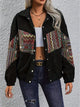 Embroidered Collared Neck Snap Down Jacket Black