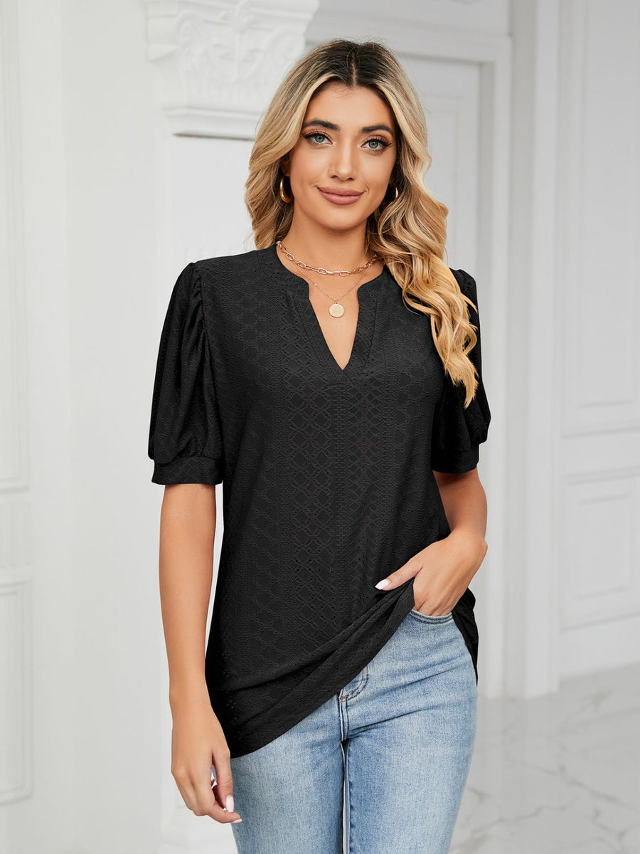 Florira Eyelet Notched Short Sleeve T-Shirt Black