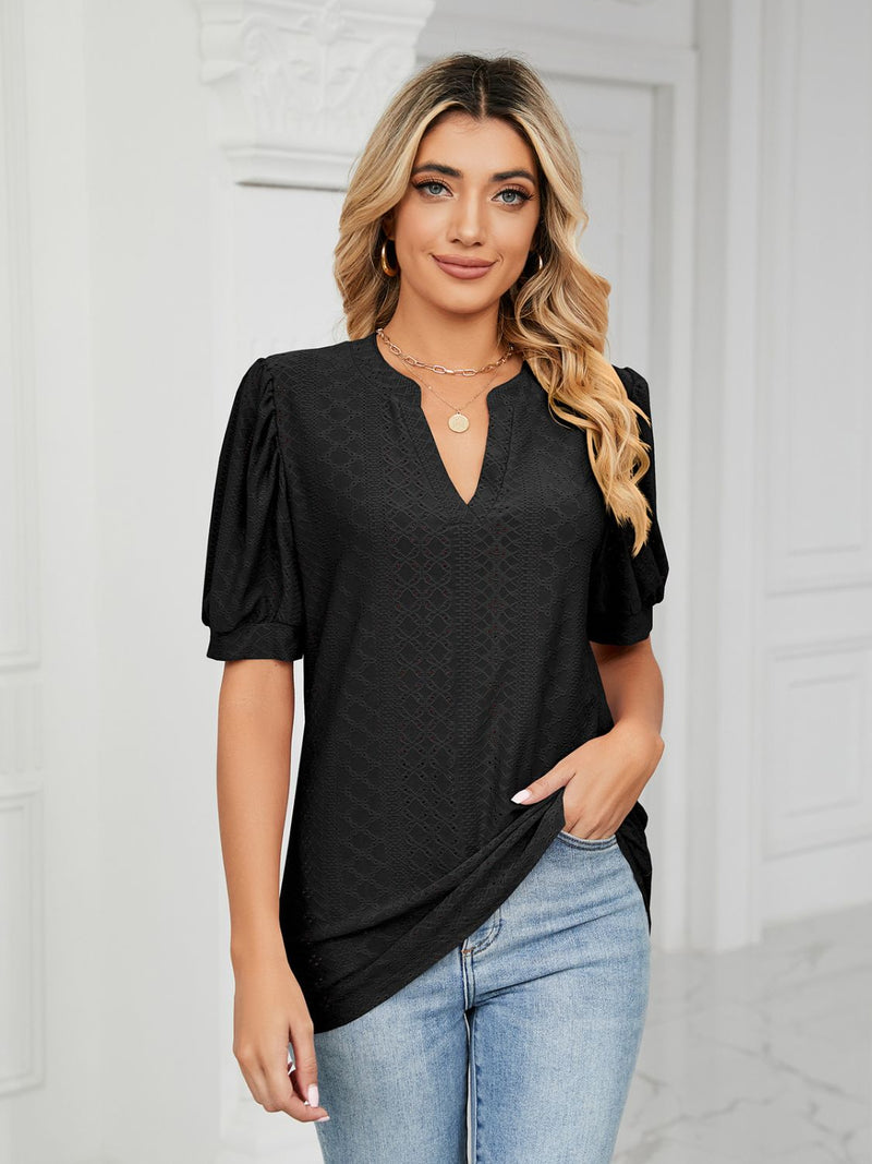 Florira Eyelet Notched Short Sleeve T-Shirt Black