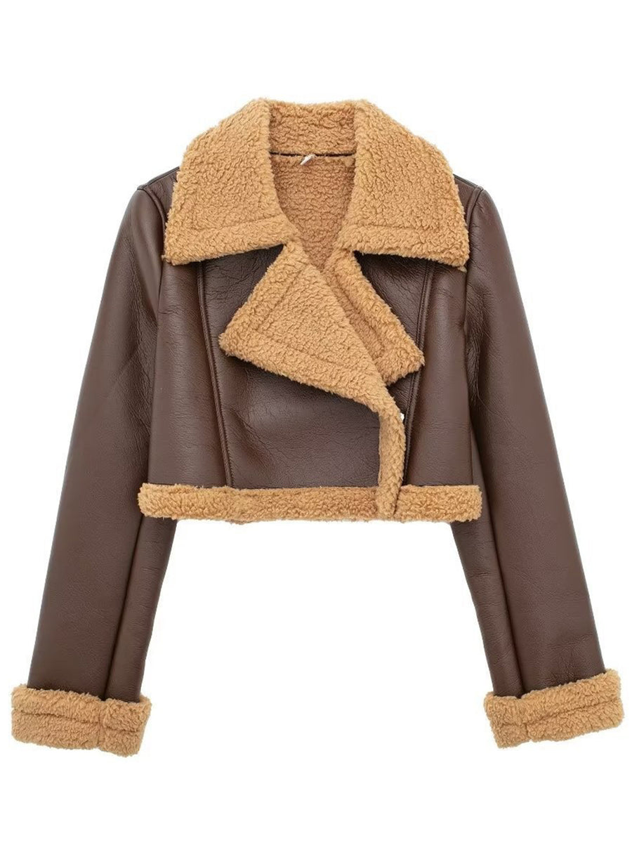 Collared Neck Long Sleeve Plush Cropped Jacket Brown