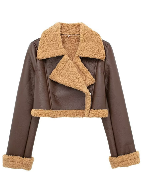 Collared Neck Long Sleeve Plush Cropped Jacket Brown