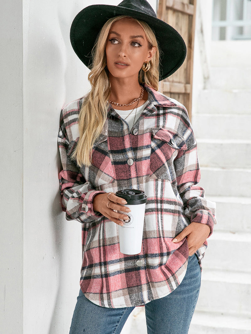 Ivy Lane Meet You Outside Plaid Button Down Curved Hem Shacket Blush Pink