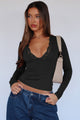 Lace Detail V-Neck Long Sleeve T-Shirt Black