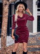 Velvet Cowl Neck Ruched Bodycon Dress Burgundy