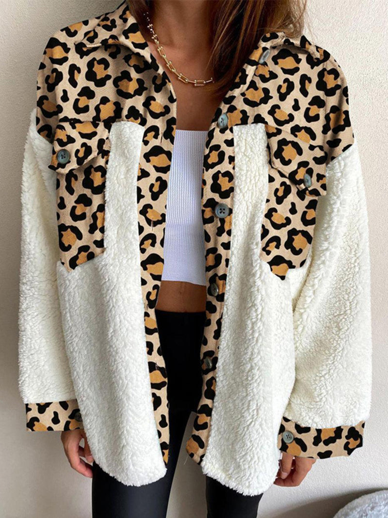 Fuzzy Button Up Long Sleeve Jacket Leopard