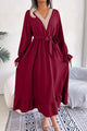 Contrast Belted Flounce Sleeve Dress Wine