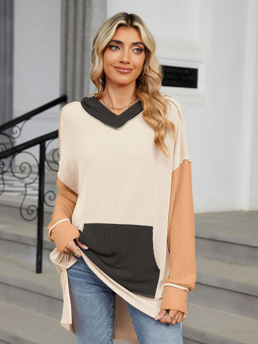 Double Take Contrast Hooded Long Sleeve Top Black