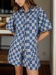 Checkered Button Up Half Sleeve Top and Shorts Set Dusty Blue