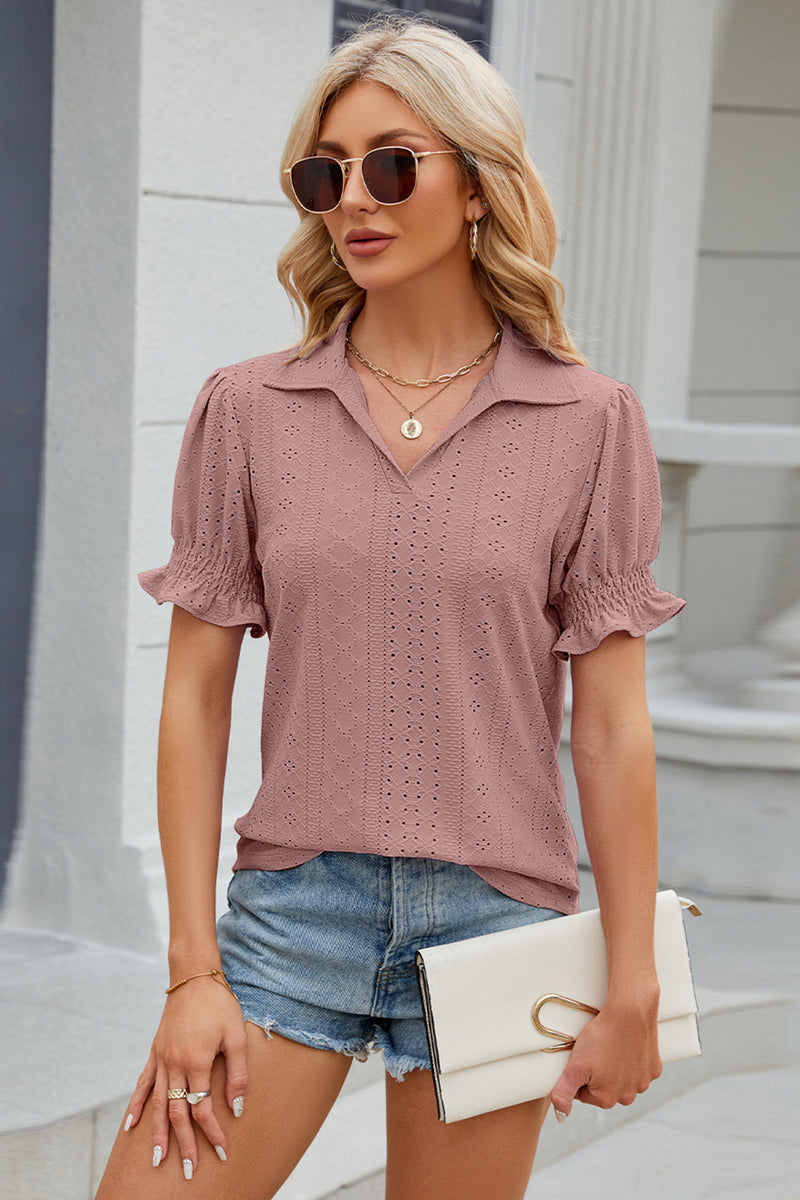Eyelet Johnny Collar Short Sleeve Blouse Dusty Pink