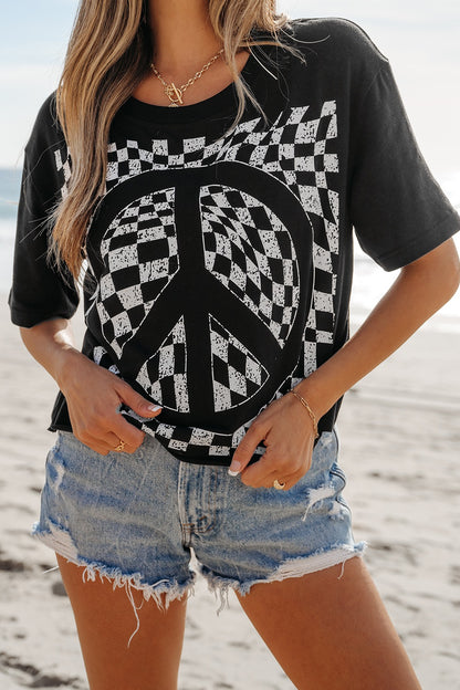 Checkered Peace Sign Round Neck T-Shirt Black