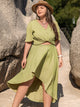 Plus Size V-Neck Half Sleeve Top and High-Low Skirt Set Yellow-Green