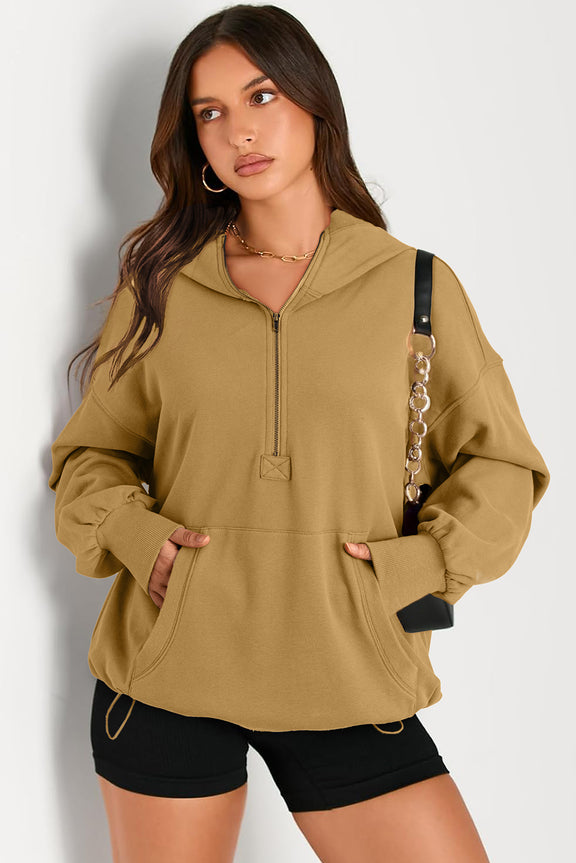 Pocketed Half Zip Long Sleeve Hoodie Tan