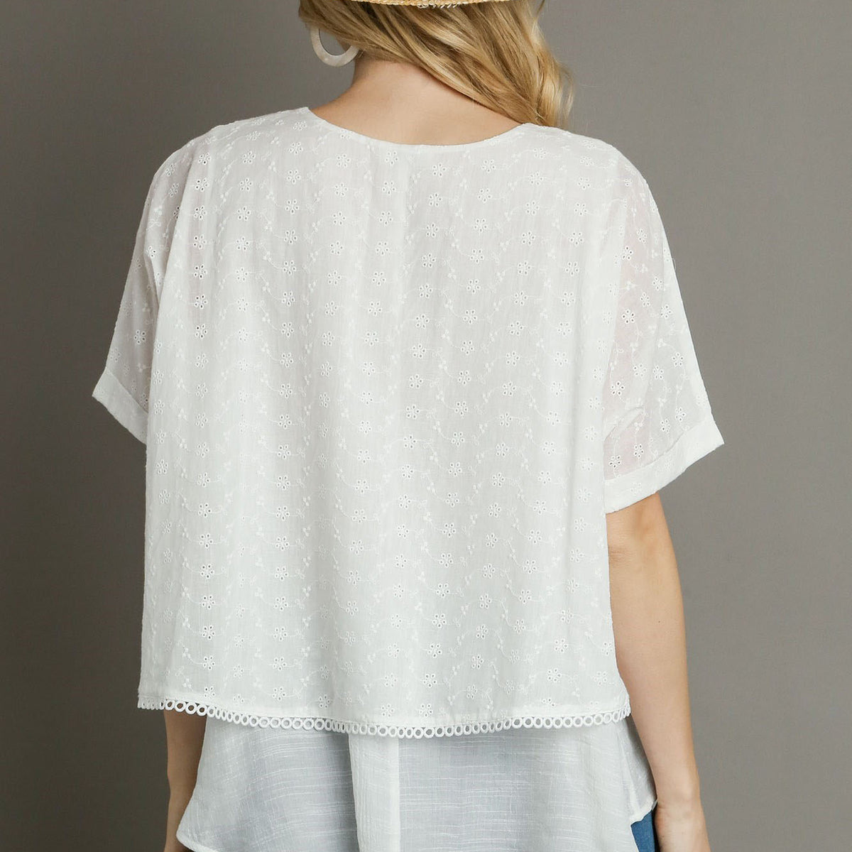 Umgee Full Size Eyelet Layered Short Sleeve Blouse Plus Size
