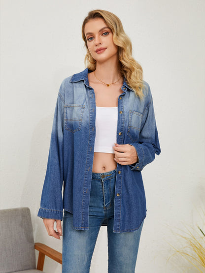 Pocketed Button Up Dropped Shoulder Denim Jakcet