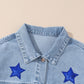 Pocketed Geometric Collared Neck Denim Jacket