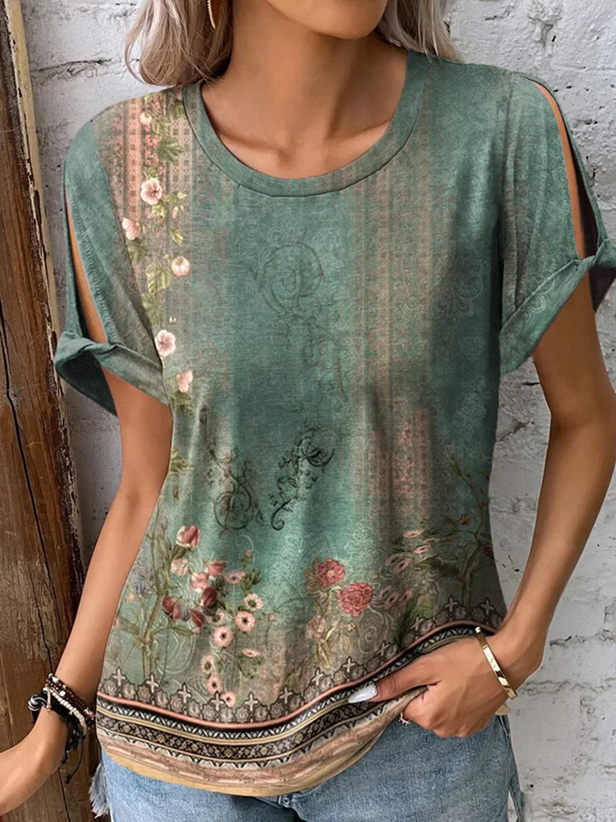 Printed Round Neck Short Sleeve T-Shirt Sage