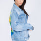 American Bazi Full Size Painted Back Distressed Denim Jacket