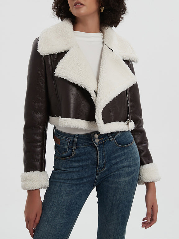 Collared Neck Long Sleeve Plush Cropped Jacket Chocolate