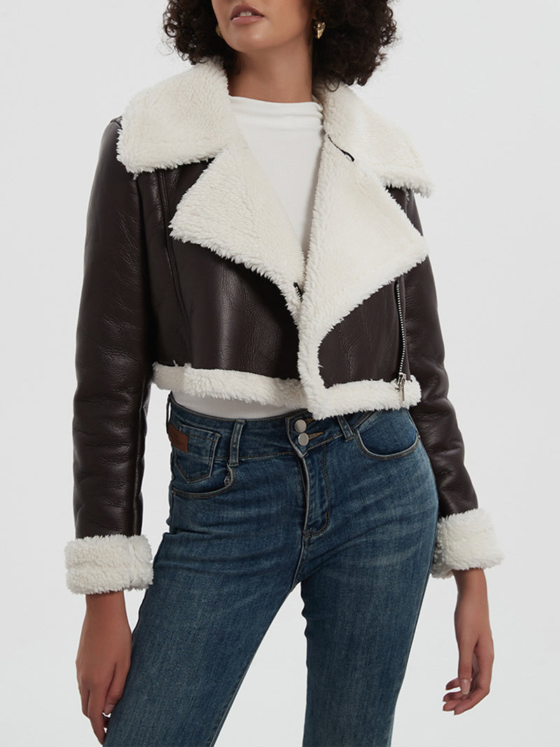 Collared Neck Long Sleeve Plush Cropped Jacket Chocolate