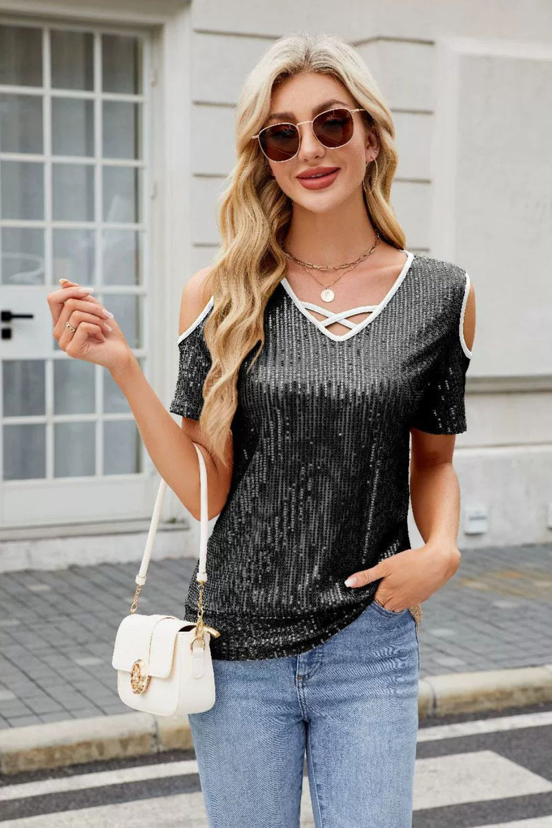 Sequin Crisscross V-Neck Cold Shoulder Blouse Black